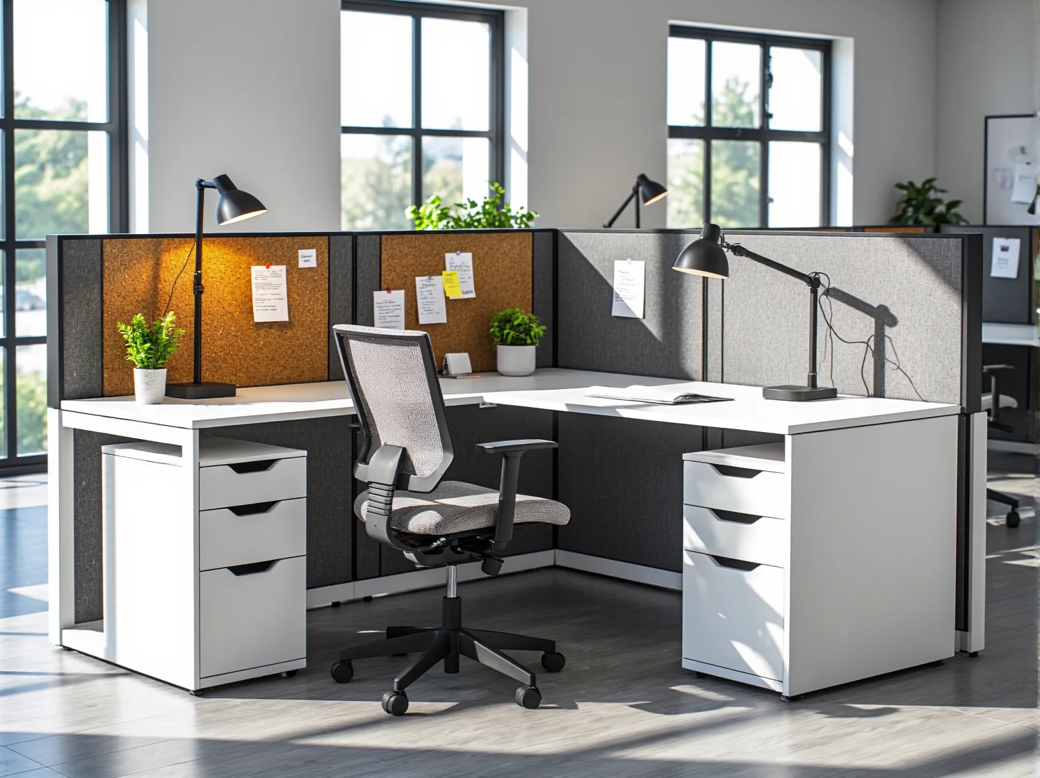 Jasna i funkcjonalna przestrzeń coworkingowa z ergonomicznymi meblami i miejscem do współpracy.