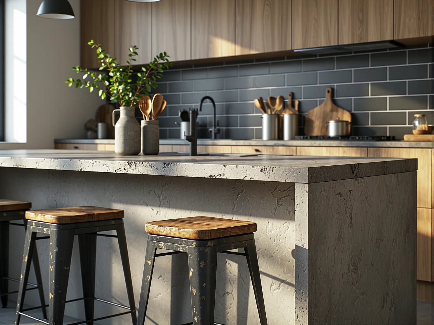 Nowoczesna aranżacja małej kuchni typu loft z oświetleniem w stylu vintage.