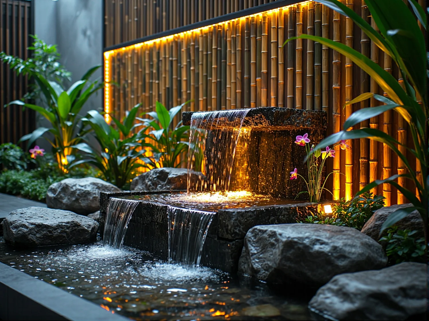 Funkcjonalne oświetlenie LED dyskretnie rozmieszczone wśród bujnej roślinności tropikalnej w ogrodzie.