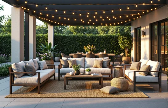 Zestaw mebli ogrodowych drewnianych z beżowymi poduszkami i stolikiem kawowym