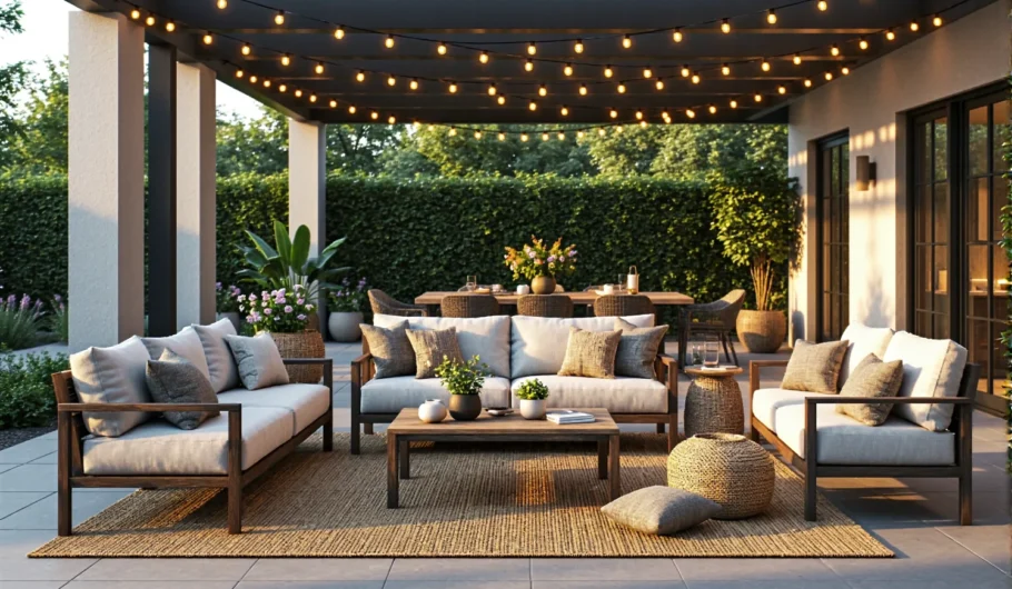 Zestaw mebli ogrodowych drewnianych z beżowymi poduszkami i stolikiem kawowym