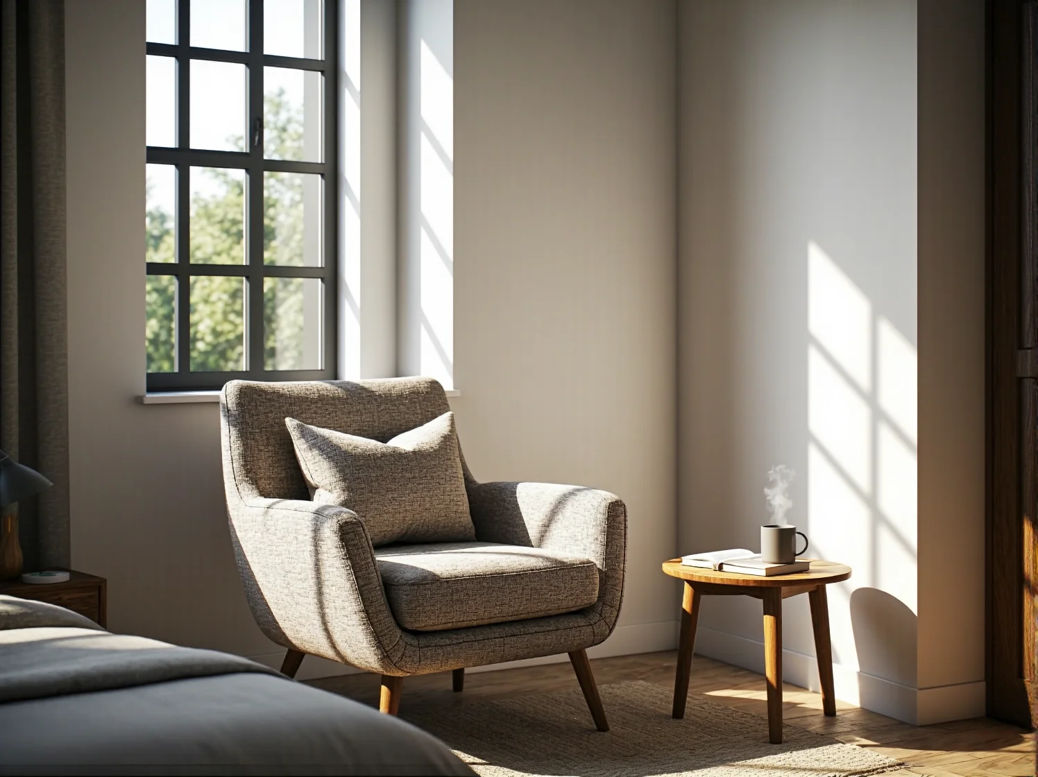 Przytulna sypialnia na poddaszu ze skosami i niskimi szafkami optymalizującymi przestrzeń pod dachem.