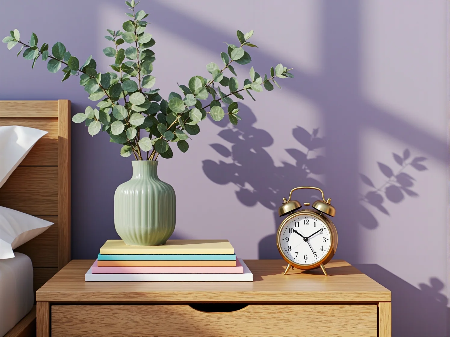 Aranżacja przytulnej sypialni scandi z drewnianymi meblami i miętową pościelą.