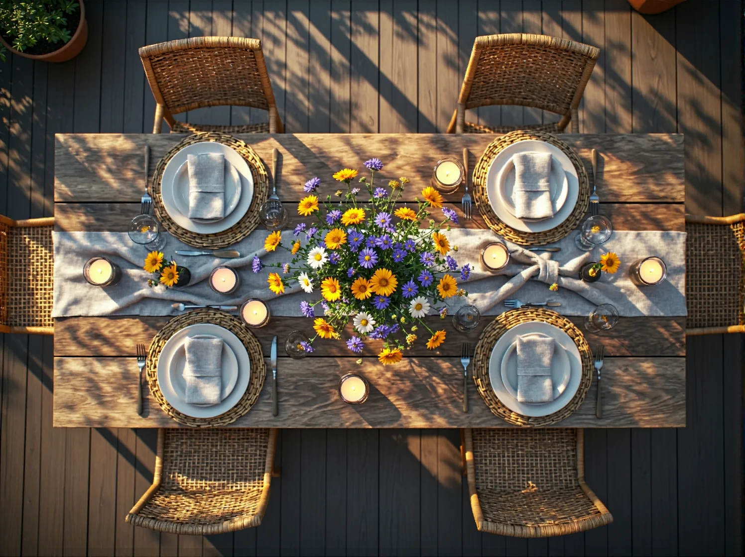 Strefa relaksu na rustykalnym tarasie z efektownymi punktami świetlnymi LED