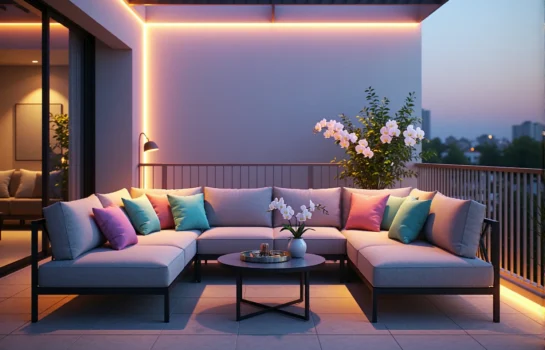 Narożny zestaw wypoczynkowy szary z pastelowymi poduszkami na metalowej ramie