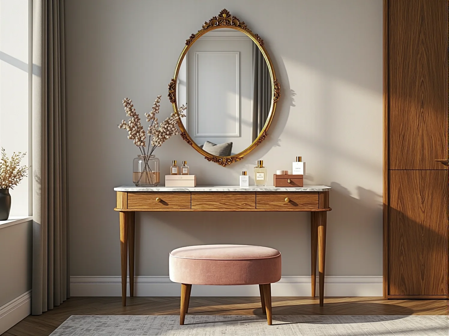 Beżowy fotel glamour na złotych nogach, prezentujący ciepłe trendy kolorystyczne sezonu.