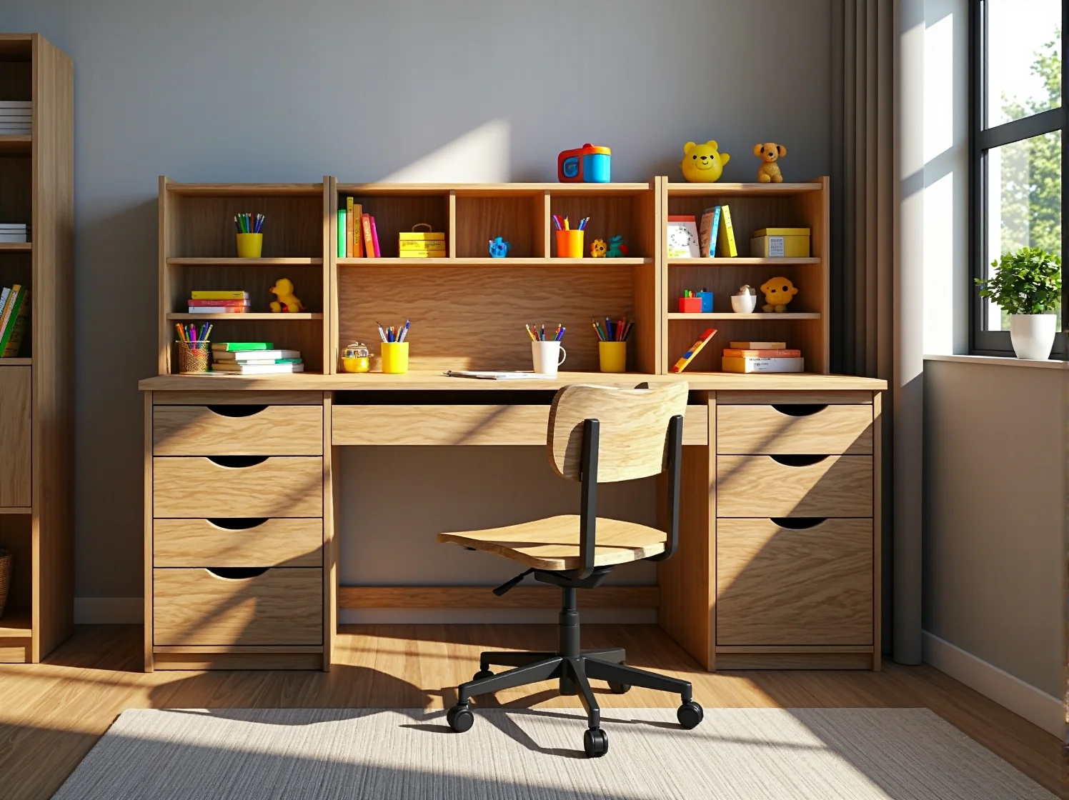 Zbliżenie na zaokrąglony róg drewnianej komody, przykład bezpiecznego mebla do pokoju dziecka.