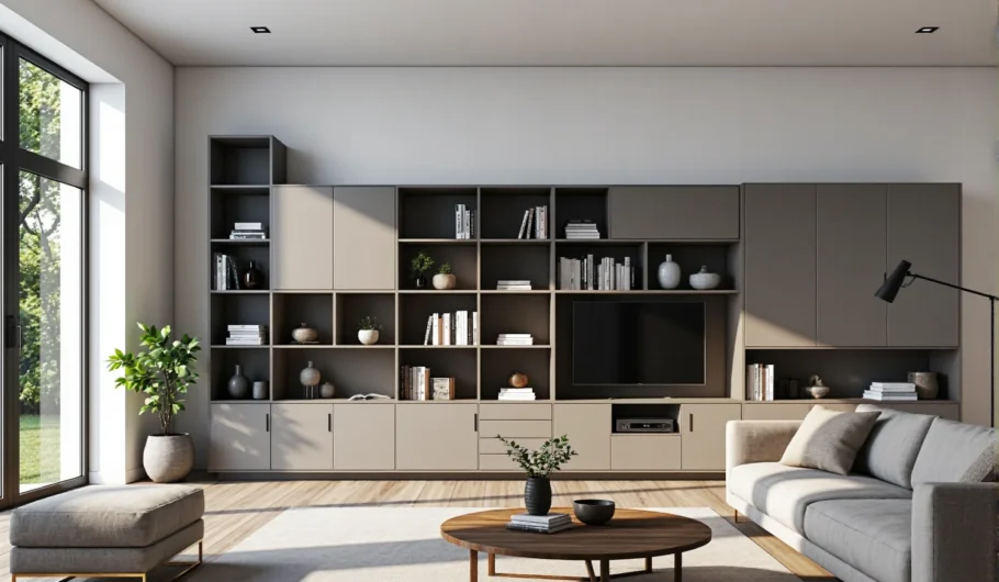 Modulowa meblościanka grafit-beż z otwartymi półkami i szafkami