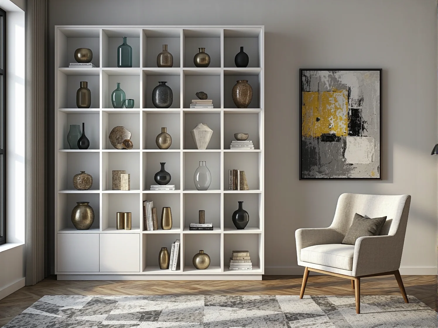 Biała komoda na wysoki połysk w jasnym salonie glamour z lustrem