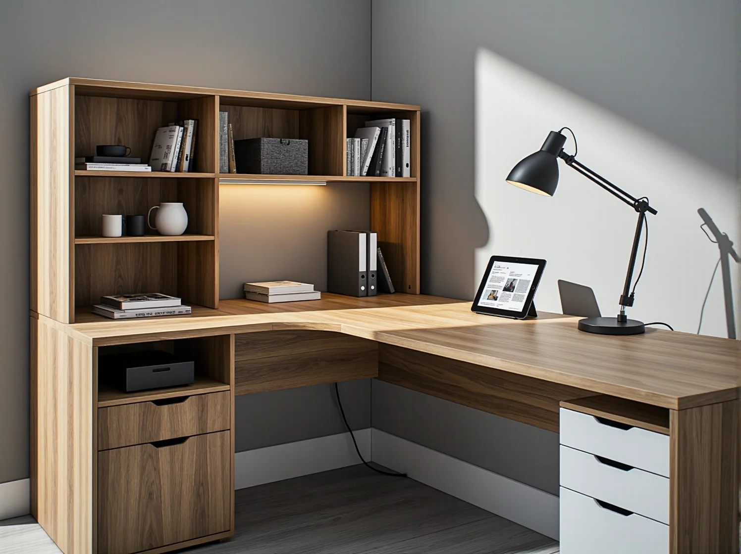 Minimalistyczne białe biurko narożne ustawione w kącie pokoju dziennego, oszczędzające miejsce.