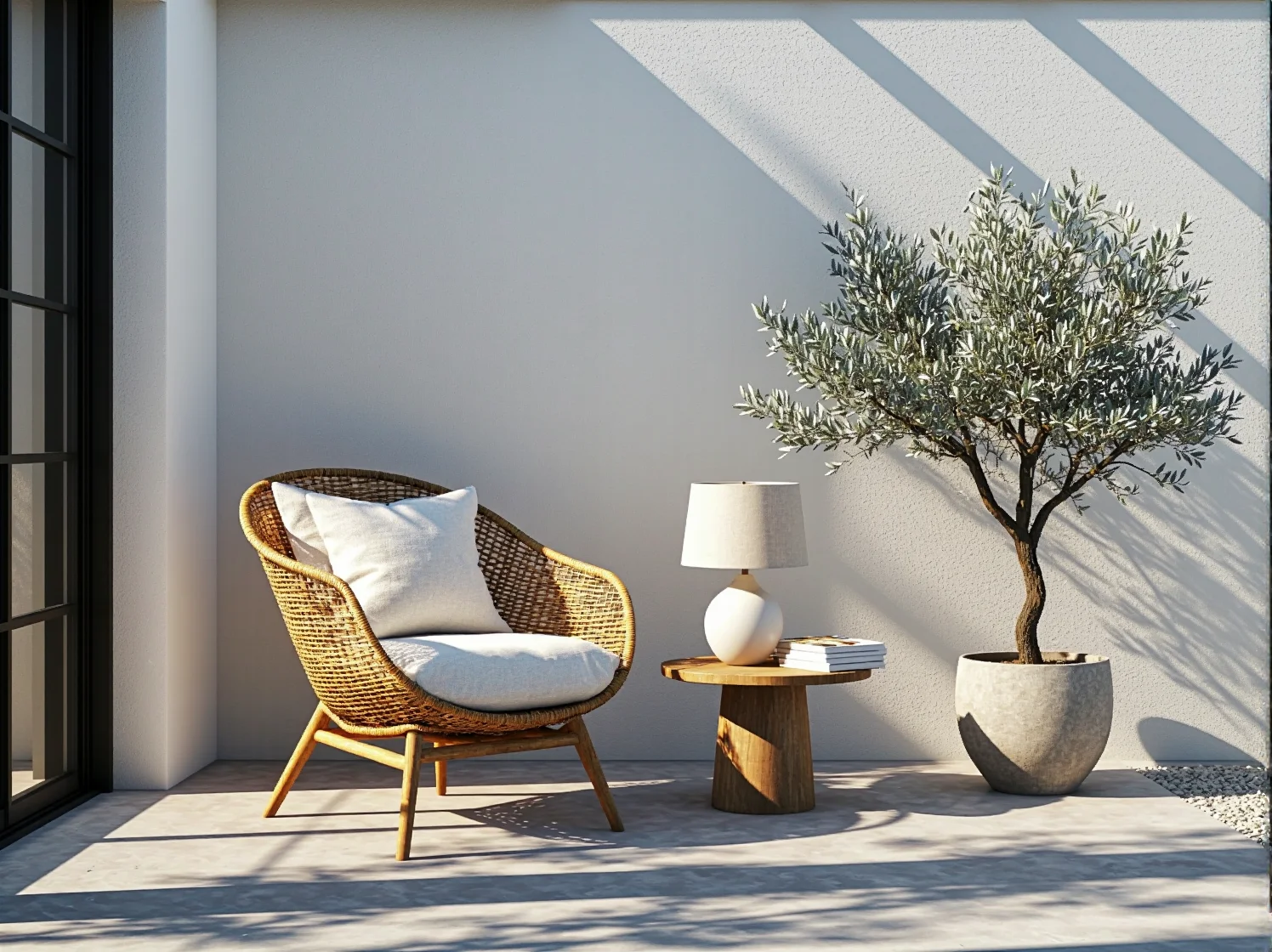 Zestaw wypoczynkowy na taras w kolorze białym z niebieskimi dodatkami w stylu greckim.