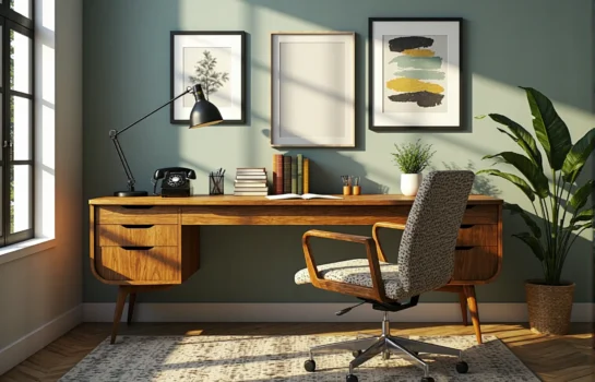 Retro biurko drewniane orzech z szufladami na skośnych nóżkach