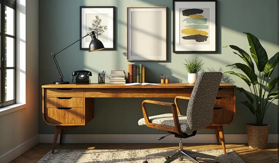 Retro biurko drewniane orzech z szufladami na skośnych nóżkach