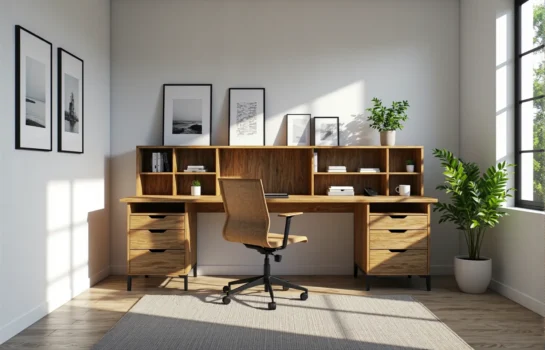 Drewniane biurko z nadstawką i szufladami w kolorze dąb craft