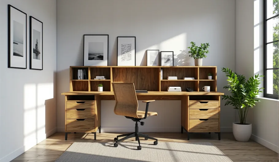 Drewniane biurko z nadstawką i szufladami w kolorze dąb craft