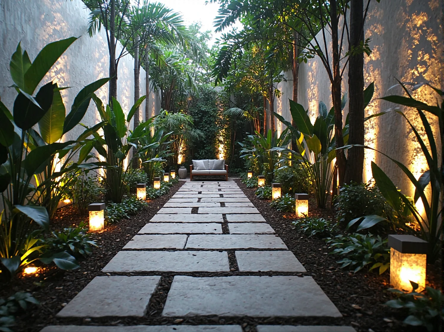 Ścieżka w tropikalnym ogrodzie wyznaczona przez energooszczędne punktowe lampy LED po zmroku.