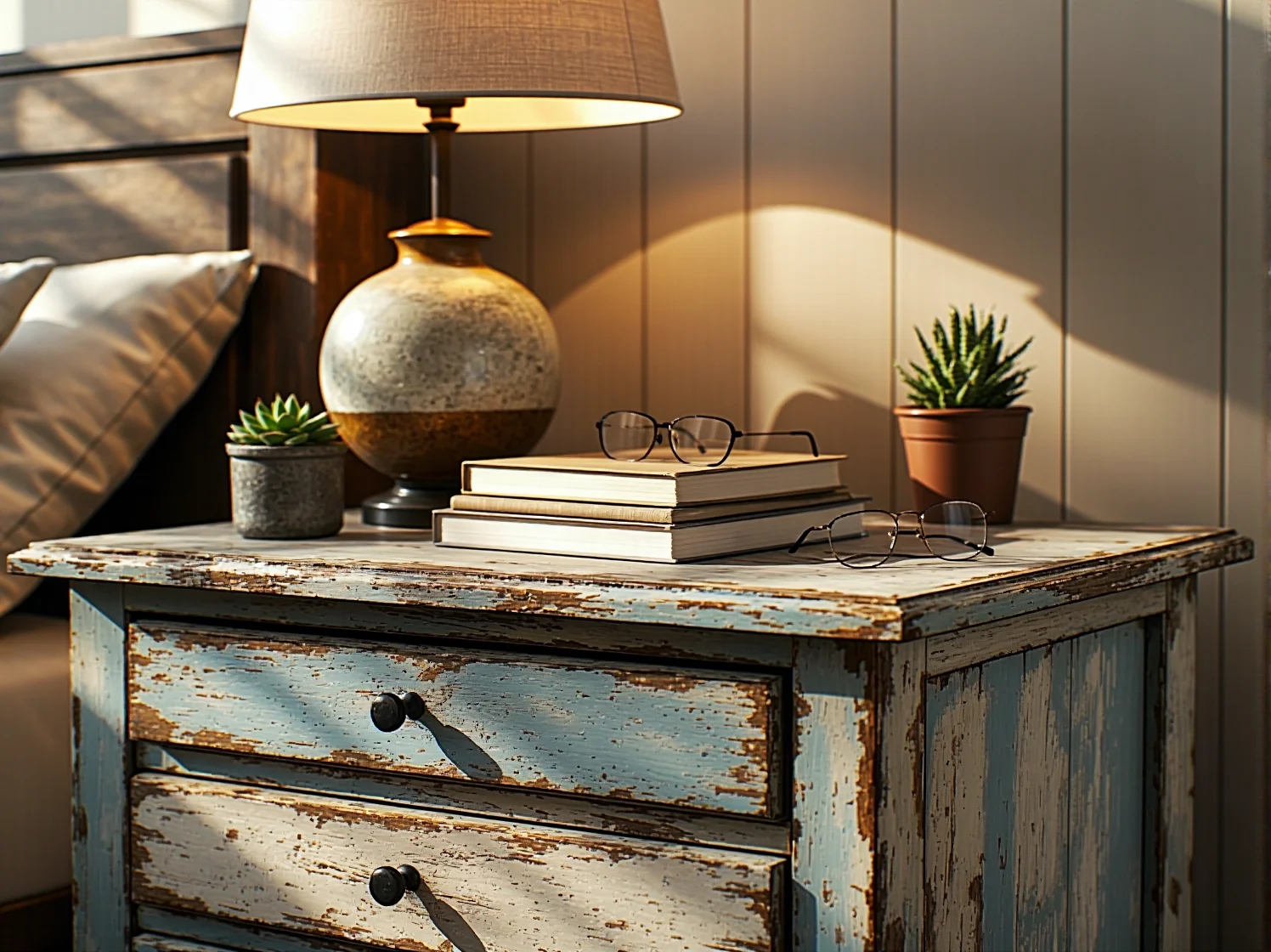 Ciepłe oświetlenie salonu z meblami z odzysku i roślinami, klimat zero waste.