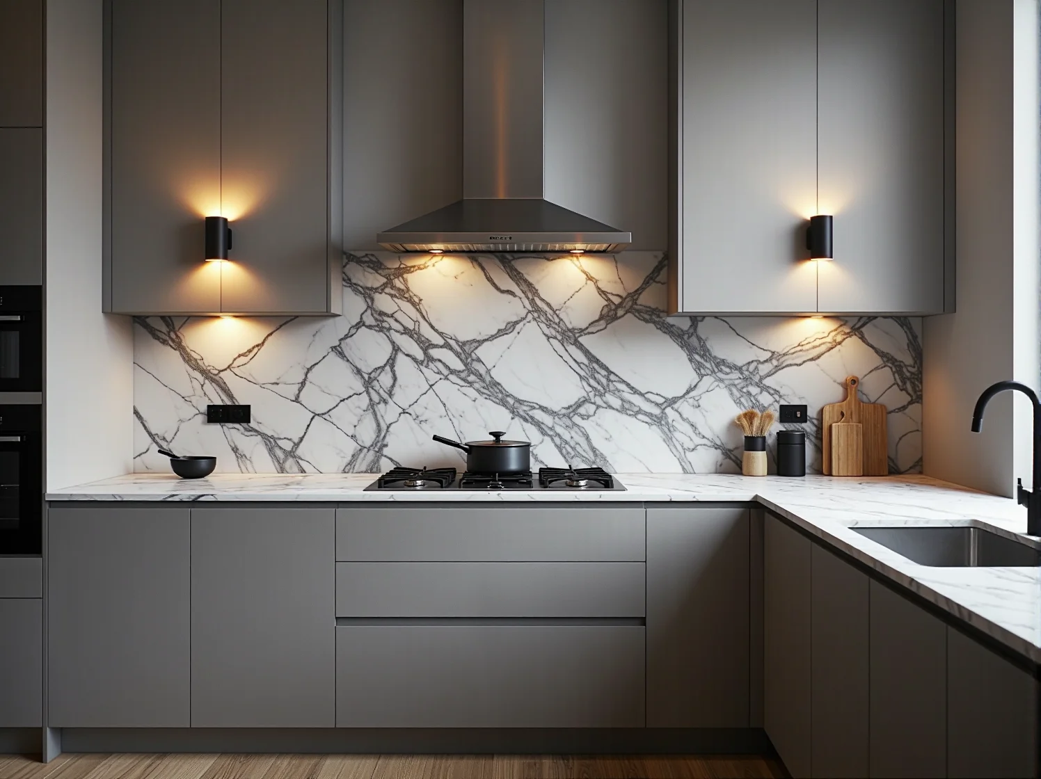 Eleganckie szklane lampy oświetlające kuchnię z marmurowymi akcentami, dodające lekkości.
