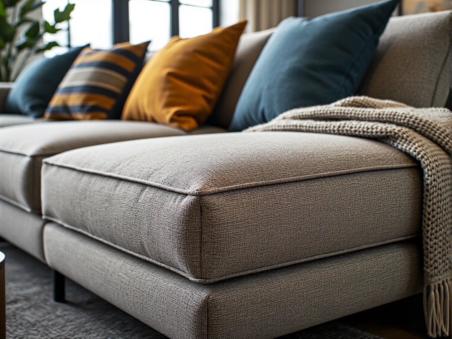 Zbliżenie na proces czyszczenia tkaniny narożnika modułowego specjalną szczotką do tapicerki.