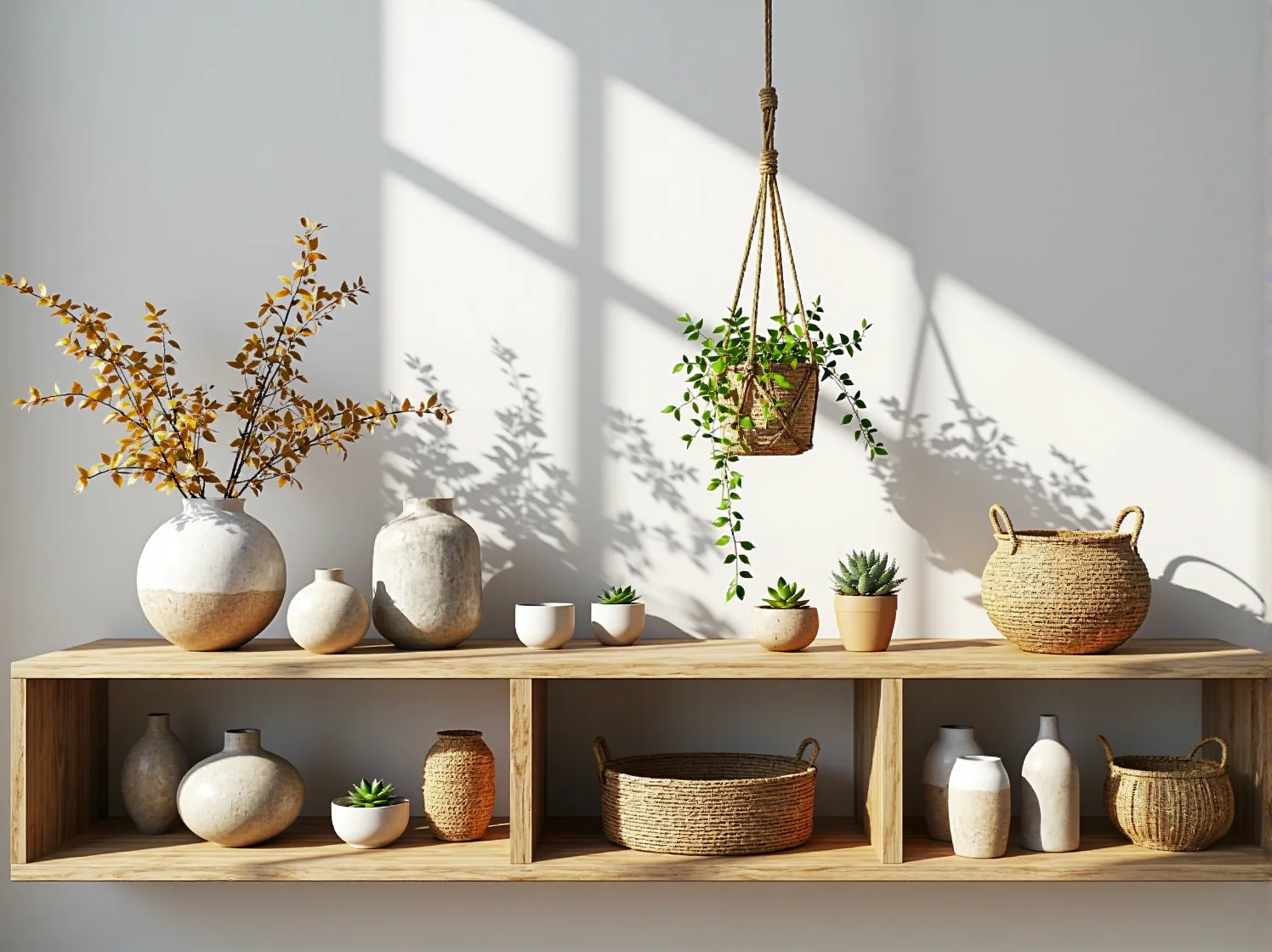 Dekoracje ścienne z makramy i rośliny w salonie łączącym styl skandynawski z elementami boho.