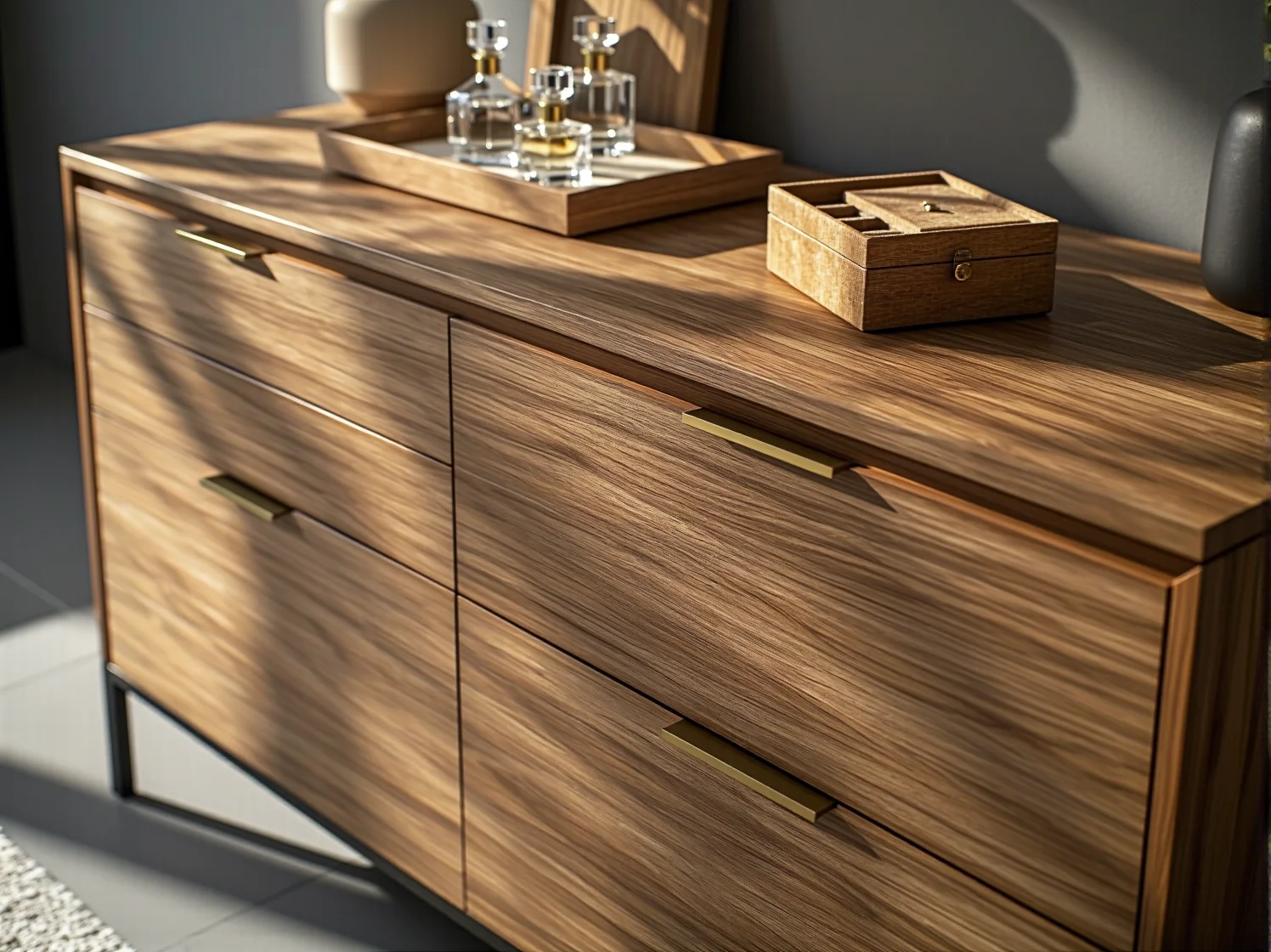 Zbliżenie na detale komody w stylu scandi: drewniane fronty i eleganckie złote uchwyty.