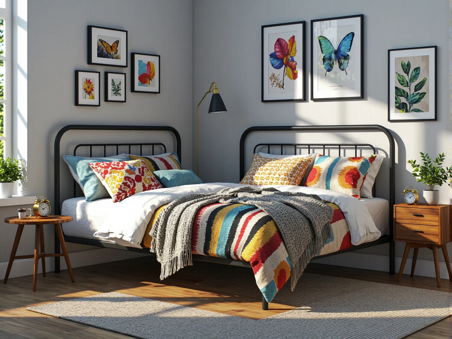 Detale w sypialni retro – budzik vintage i radio na szafce nocnej w przytulnej sypialni w bloku.