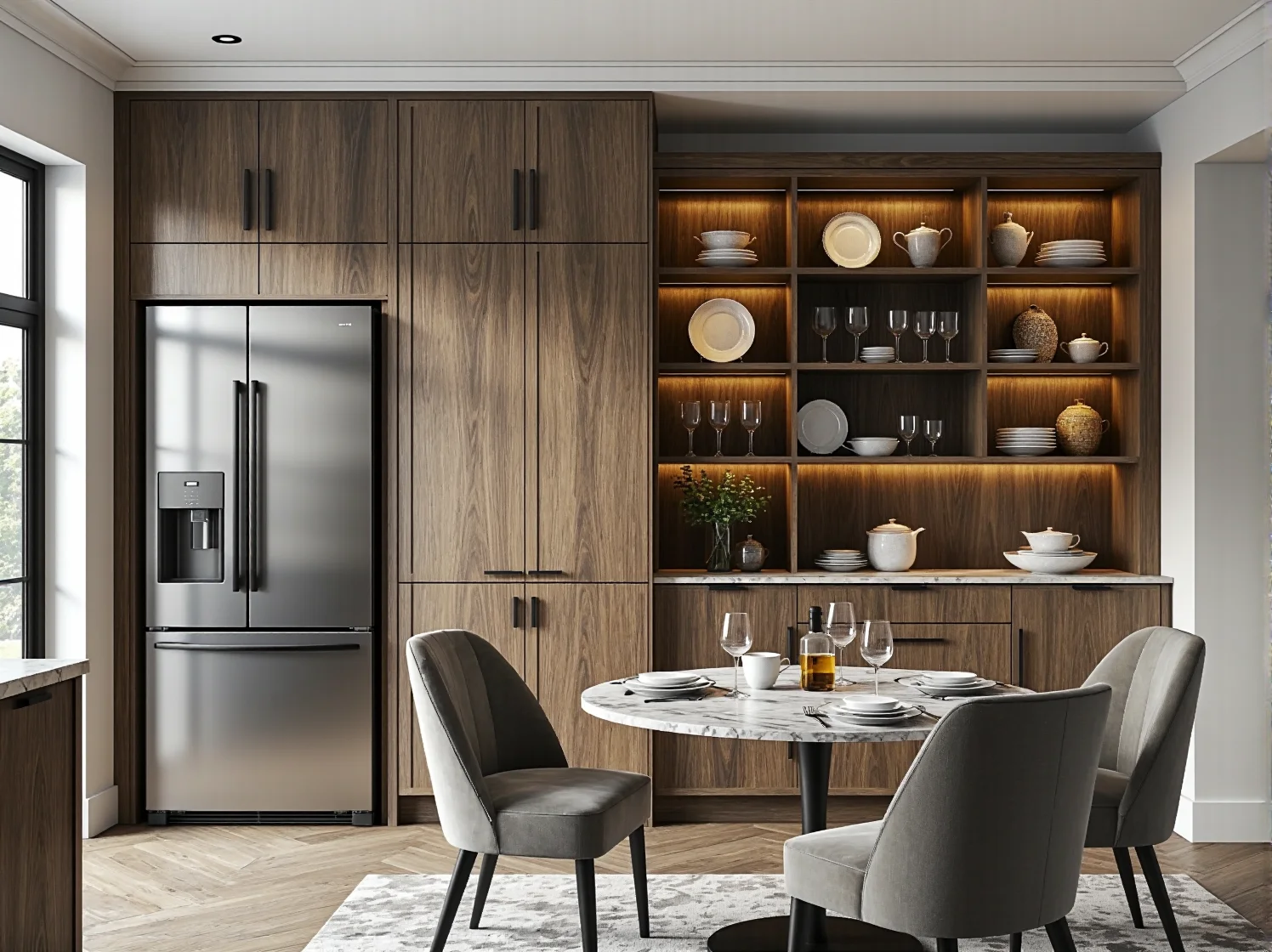 Dekoracyjne dodatki vintage i porcelana na blacie nowoczesnej kuchni glamour.