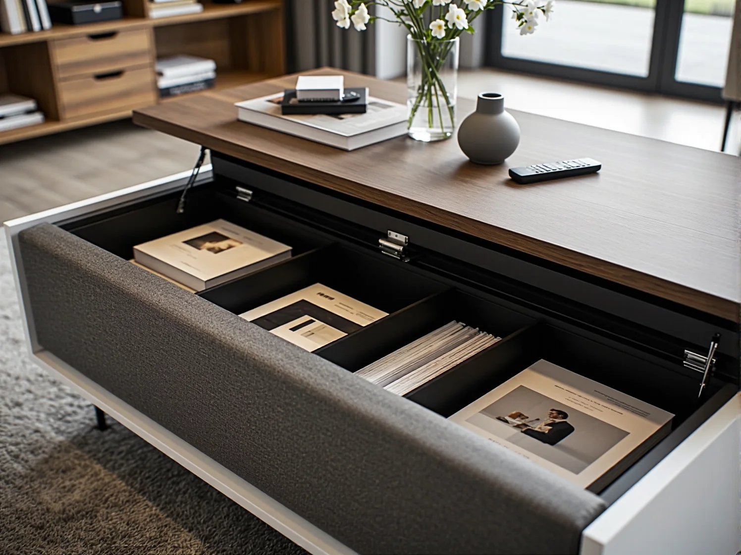 Drewniany stolik kawowy z otwartymi półkami, idealny do przechowywania książek i magazynów.