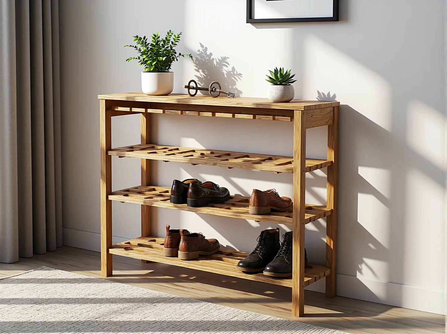 Zbliżenie na proces montażu półek w szafce na buty wykonanej z surowego, odzyskanego drewna.