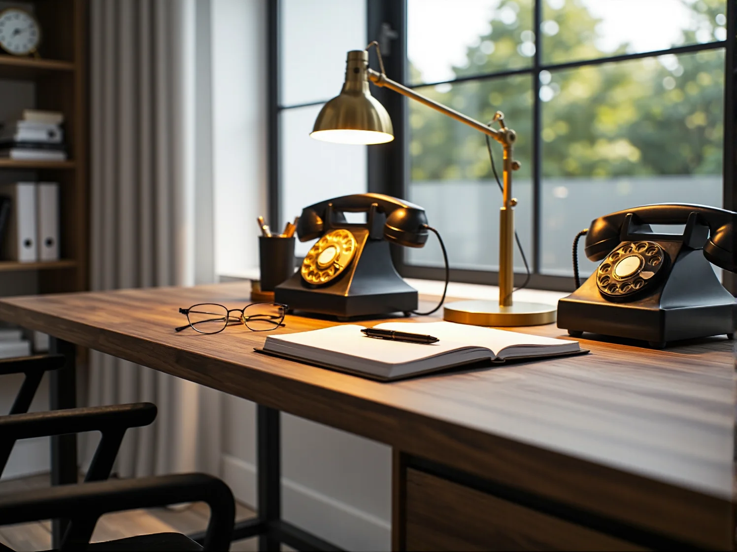 Zbliżenie na charakterystyczne, skośne nogi i mosiężne uchwyty biurka w stylu retro.