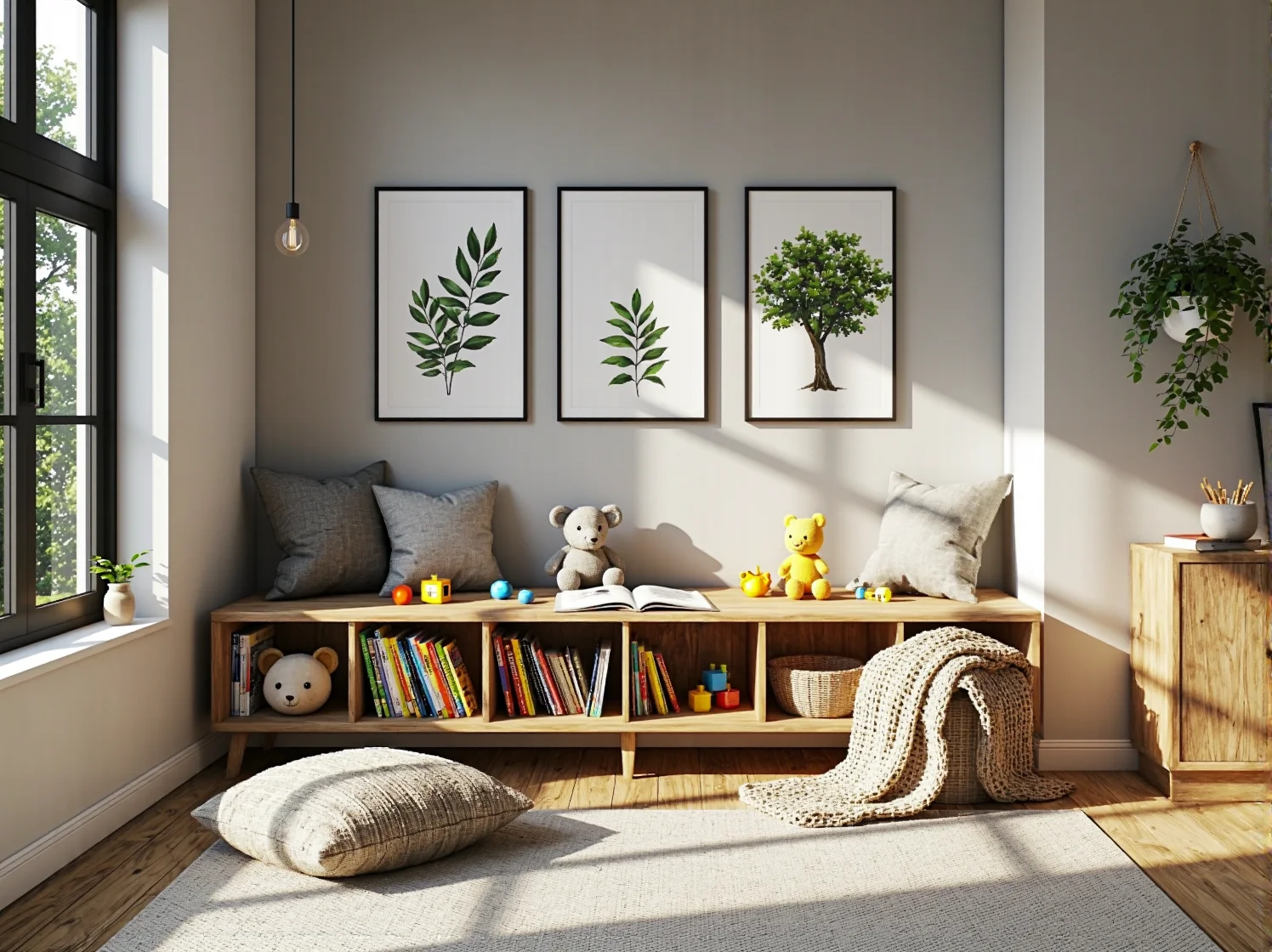 Jasny pokój dziecka z drewnianym biurkiem i krzesłem, promujący naukę.