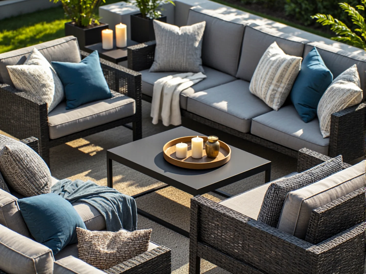 Drewniany stół z krzesłami w ogrodzie – klasyczny zestaw mebli do relaksu na świeżym powietrzu.