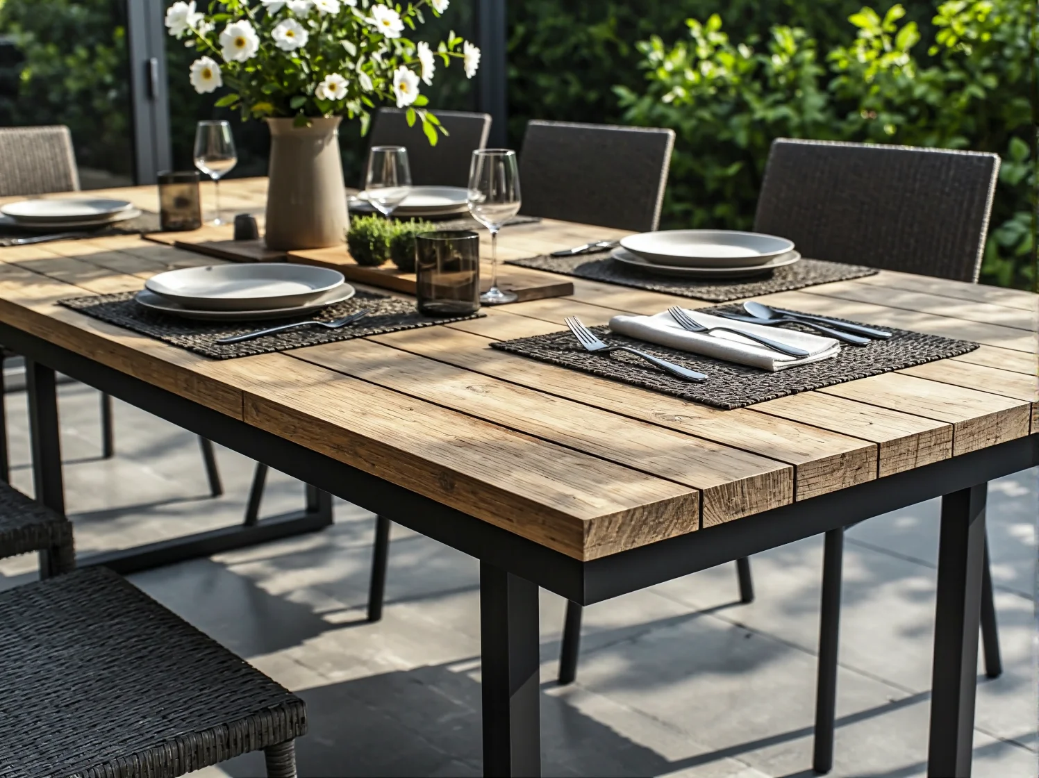 Duży, drewniany stół ogrodowy z ławkami, idealny na letnie przyjęcia w ogrodzie.