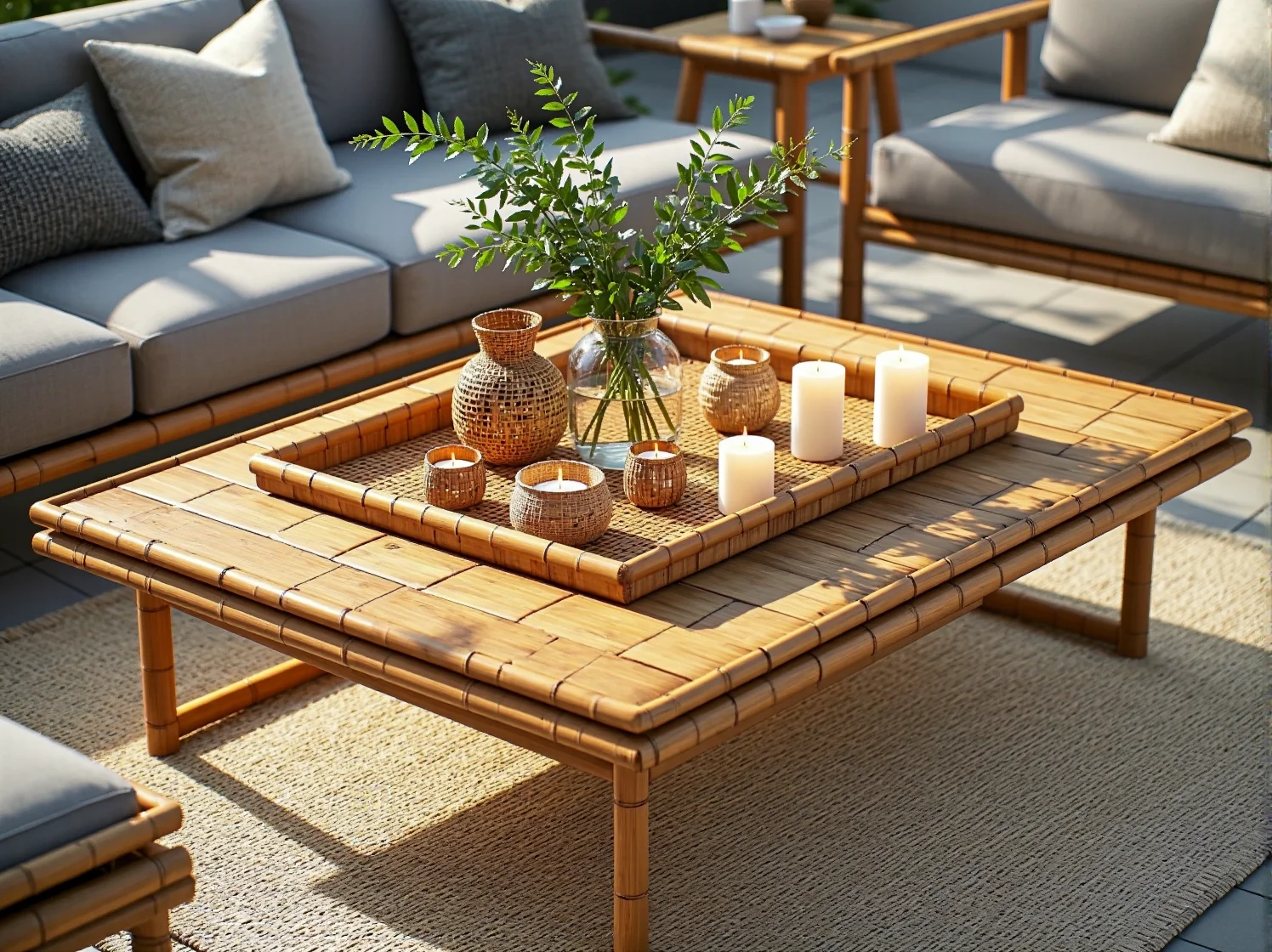 Ekologiczny wybór na lata: zestaw wypoczynkowy z bambusa idealnie pasujący do zielonego ogrodu.