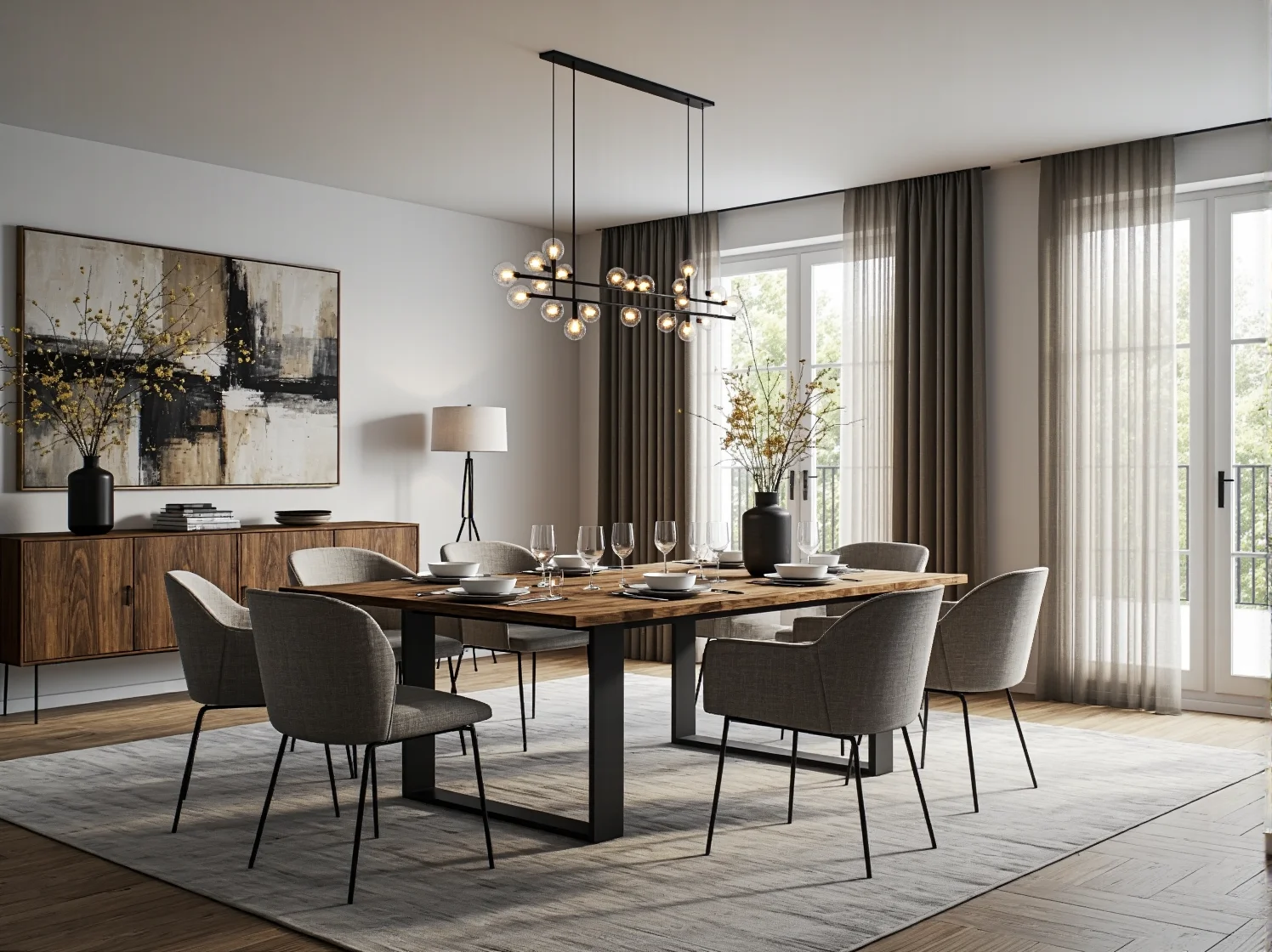 Elegancka jadalnia z dużym, marmurowym stołem, który stanowi centralny punkt luksusowej aranżacji i wyznacza styl.