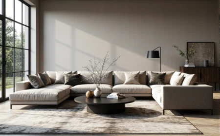 Narożna sofa modułowa beżowa z poduszkami dekoracyjnymi