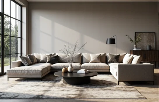 Narożna sofa modułowa beżowa z poduszkami dekoracyjnymi