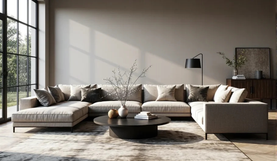 Narożna sofa modułowa beżowa z poduszkami dekoracyjnymi