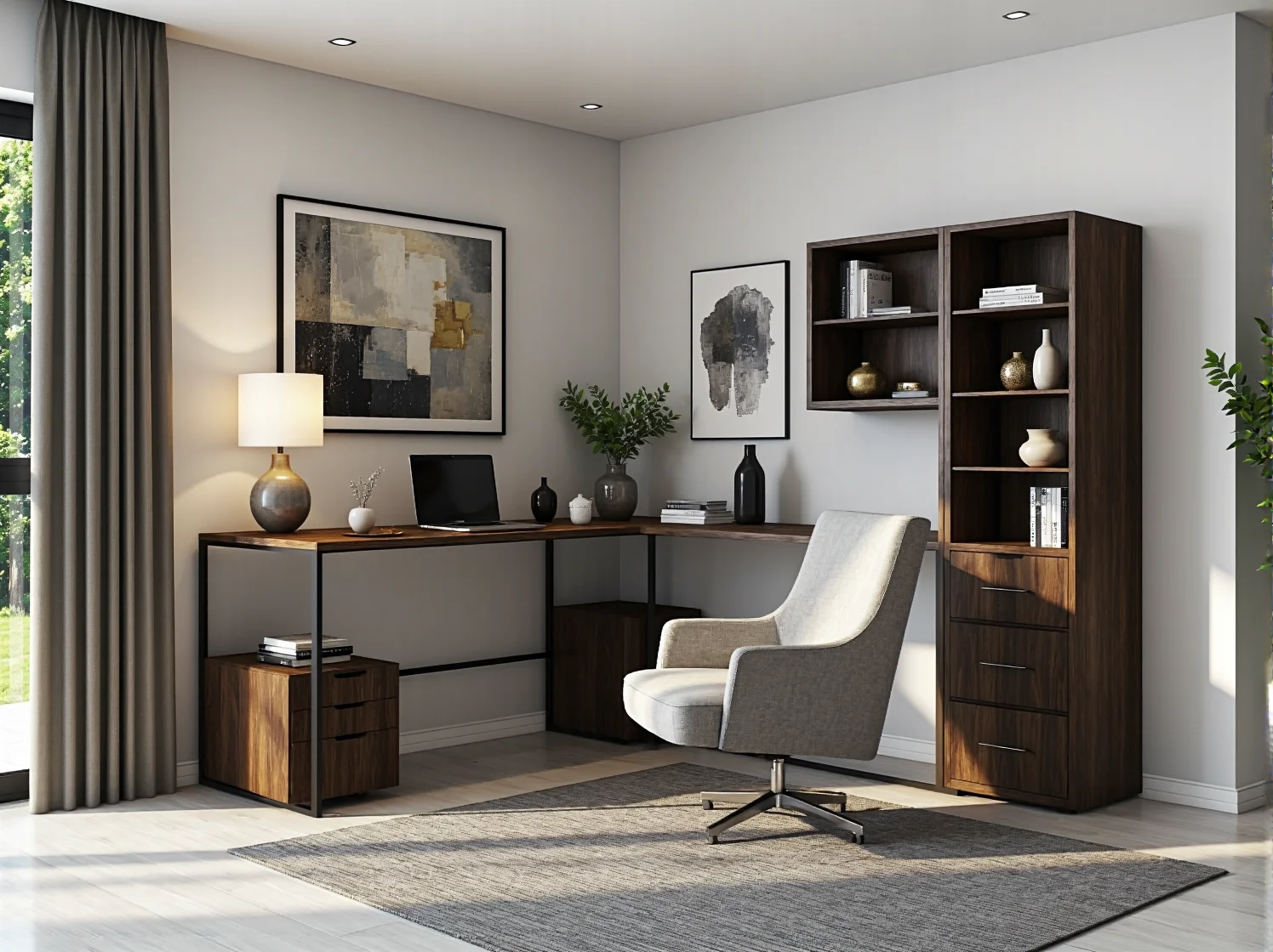 Ergonomiczne biurko narożne z nadstawką i organizerami na dokumenty w małym gabinecie.