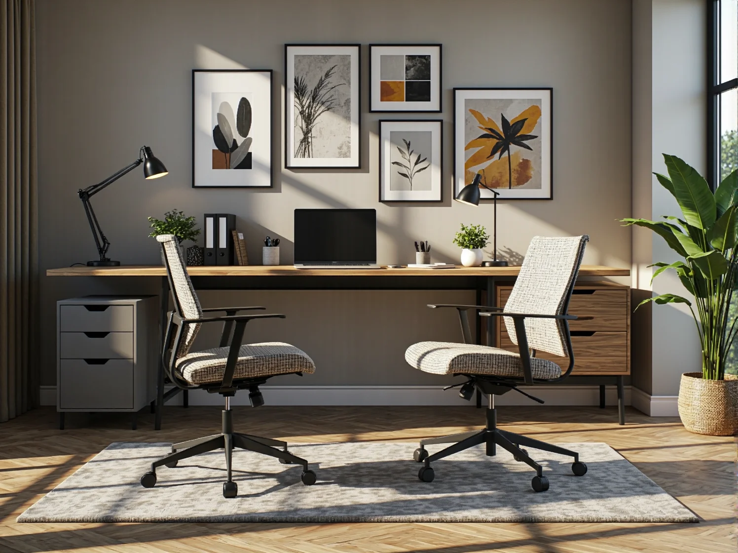 Funkcjonalne i ergonomiczne stanowisko pracy z biurkiem retro i nowoczesnym fotelem.