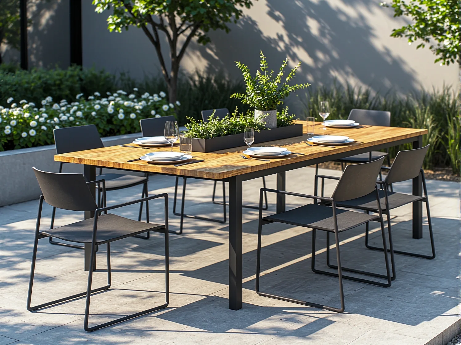 Komplet funkcjonalnych mebli ogrodowych na tarasie, idealny do stworzenia wygodnej strefy relaksu na świeżym powietrzu.