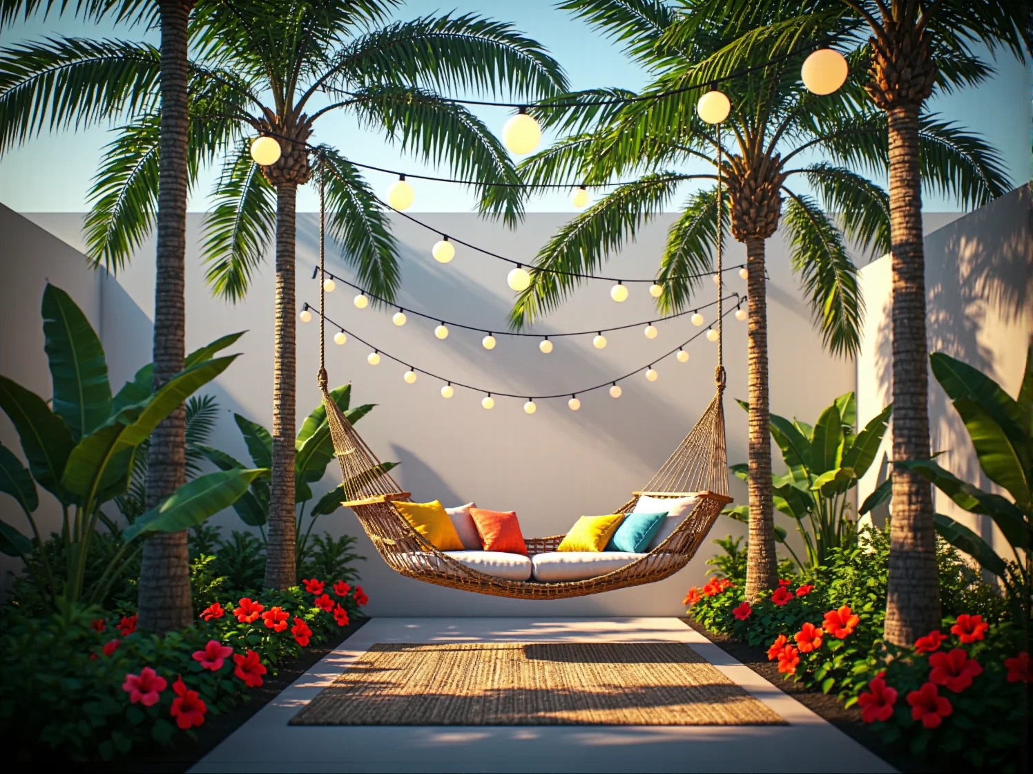 Nastrojowe oświetlenie LED podkreślające kształt egzotycznych liści i tworzące głębię w ogrodzie.