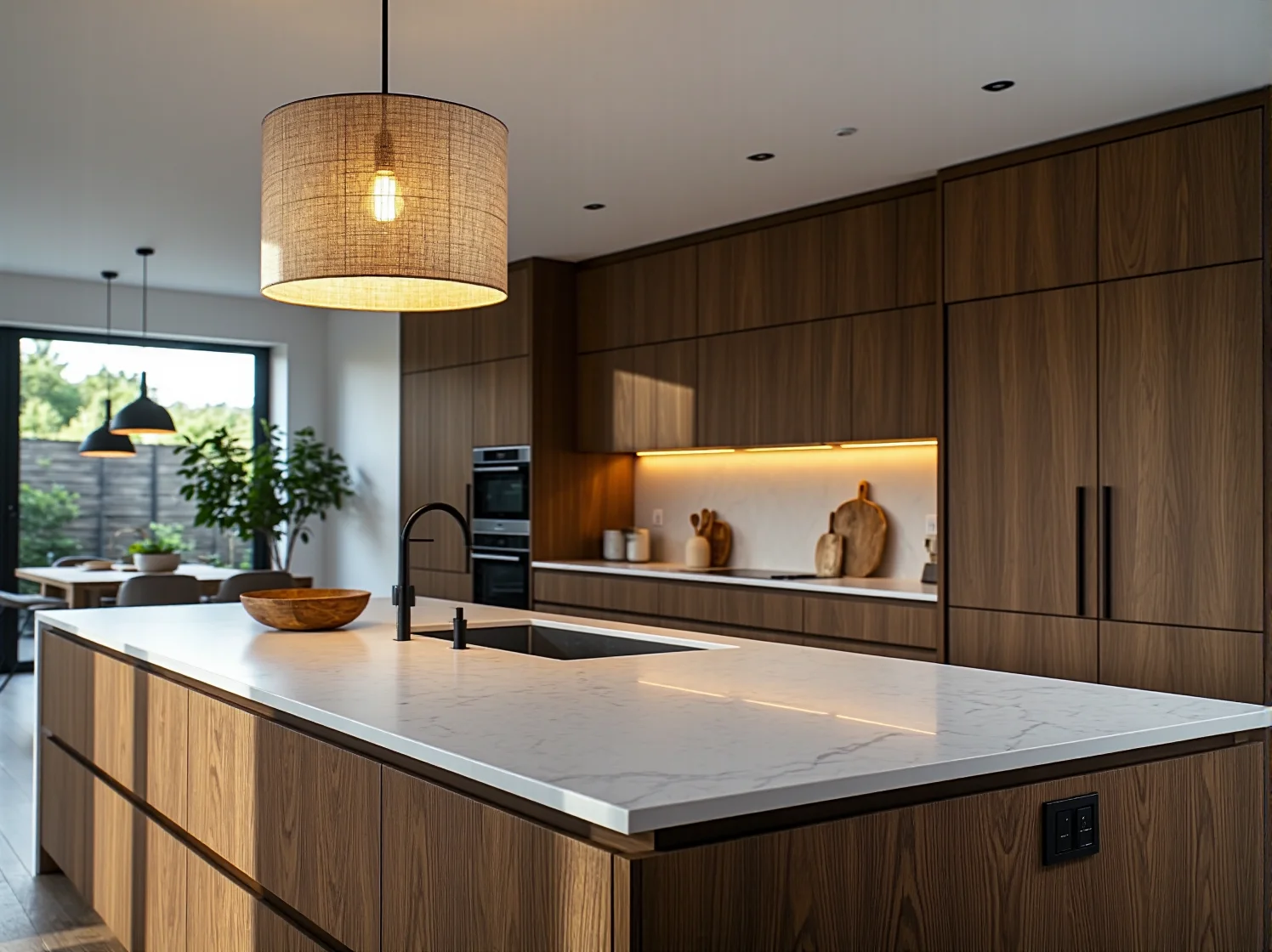 Industrialne lampy wiszące oświetlające drewnianą wyspę w kuchni w stylu loft.