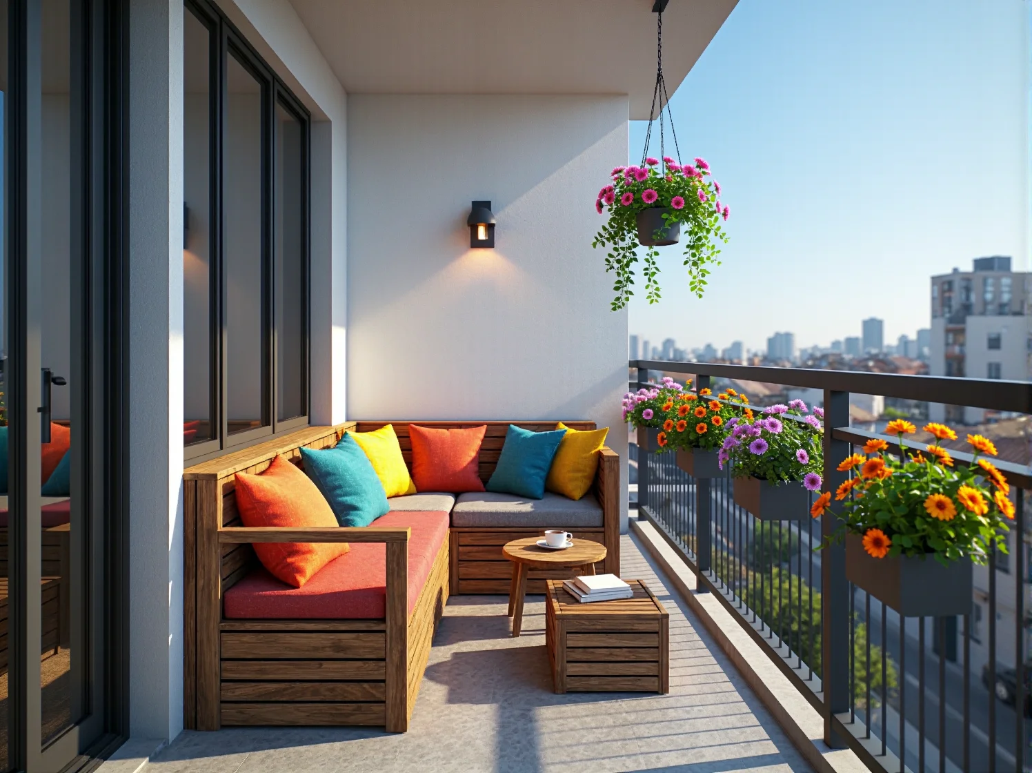 Jasne, drewniane meble ogrodowe optycznie powiększające przestrzeń małego balkonu w bloku.