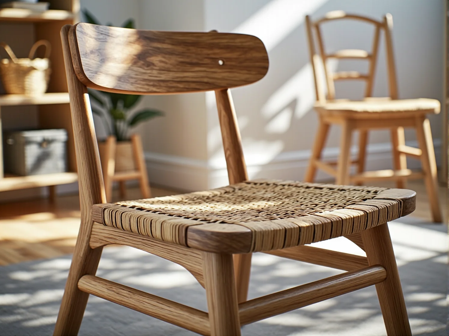 Zbliżenie na detal drewnianego łóżeczka – przykład mebli z naturalnych materiałów.