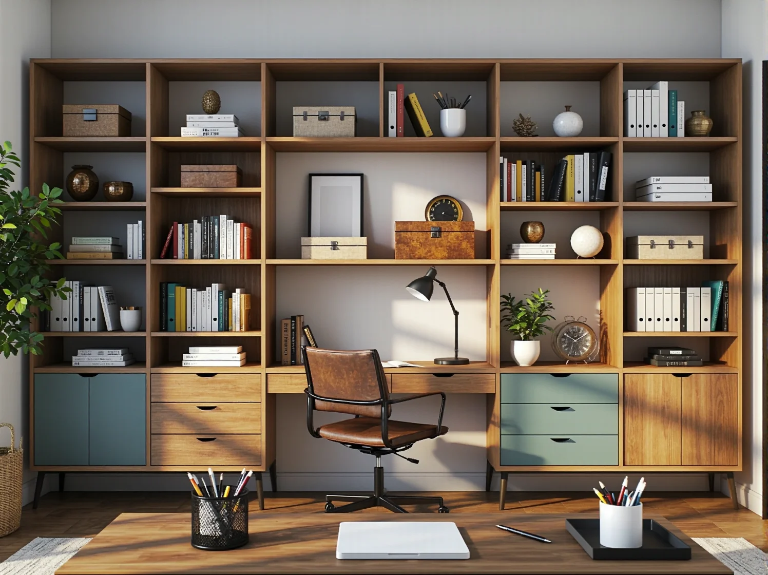 Aranżacja domowego biura z biurkiem retro z lat 60., otoczone roślinami i dodatkami vintage.