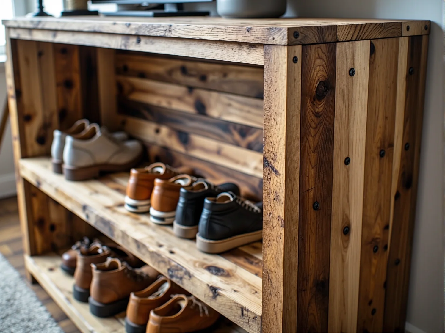 Narzędzia i deski z odzysku przygotowane do budowy szafki na buty. Poradnik DIY krok po kroku.