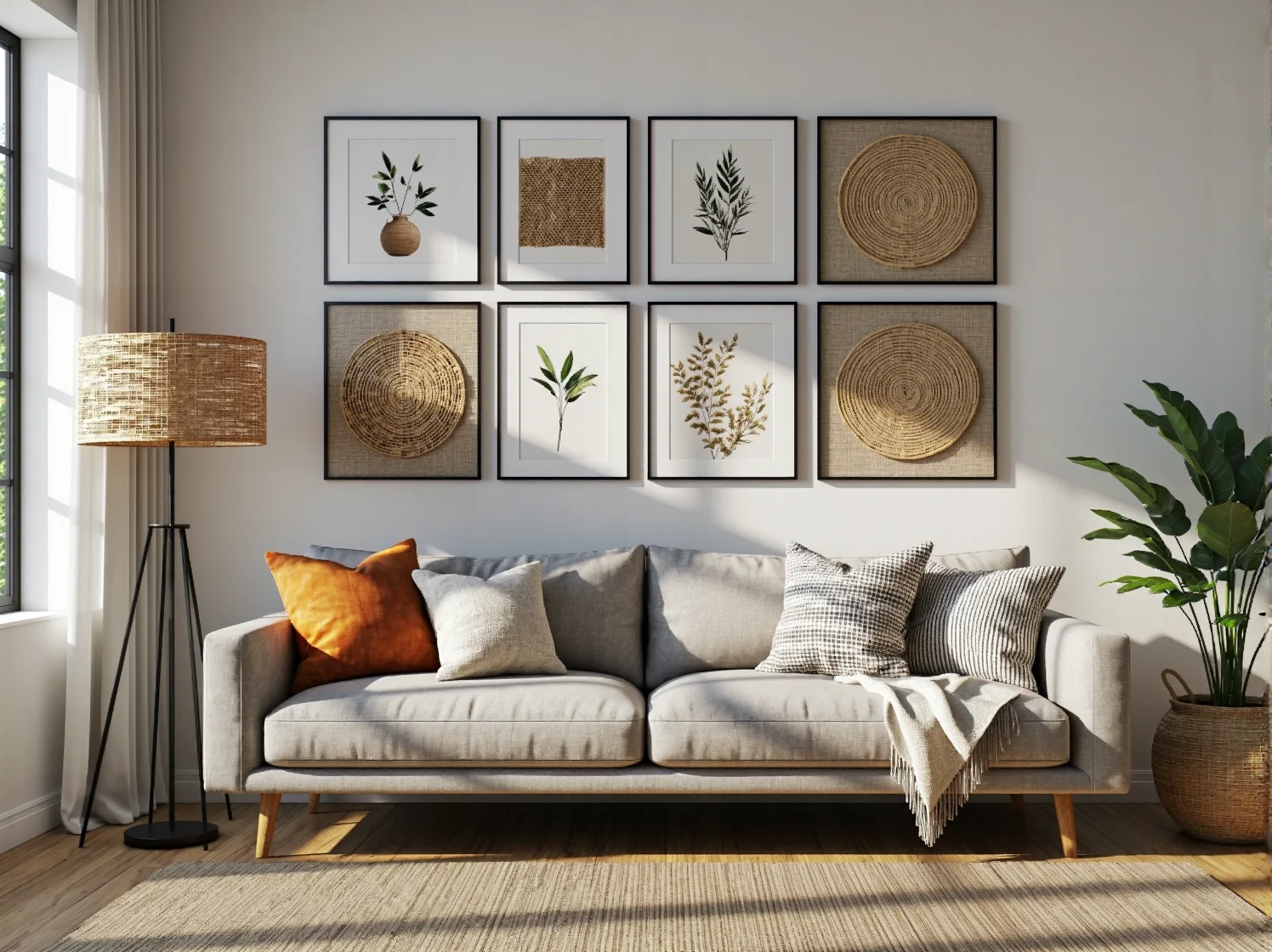 Minimalistyczna biała komoda i wiklinowe ozdoby w jasnym wnętrzu w stylu scandi-boho.