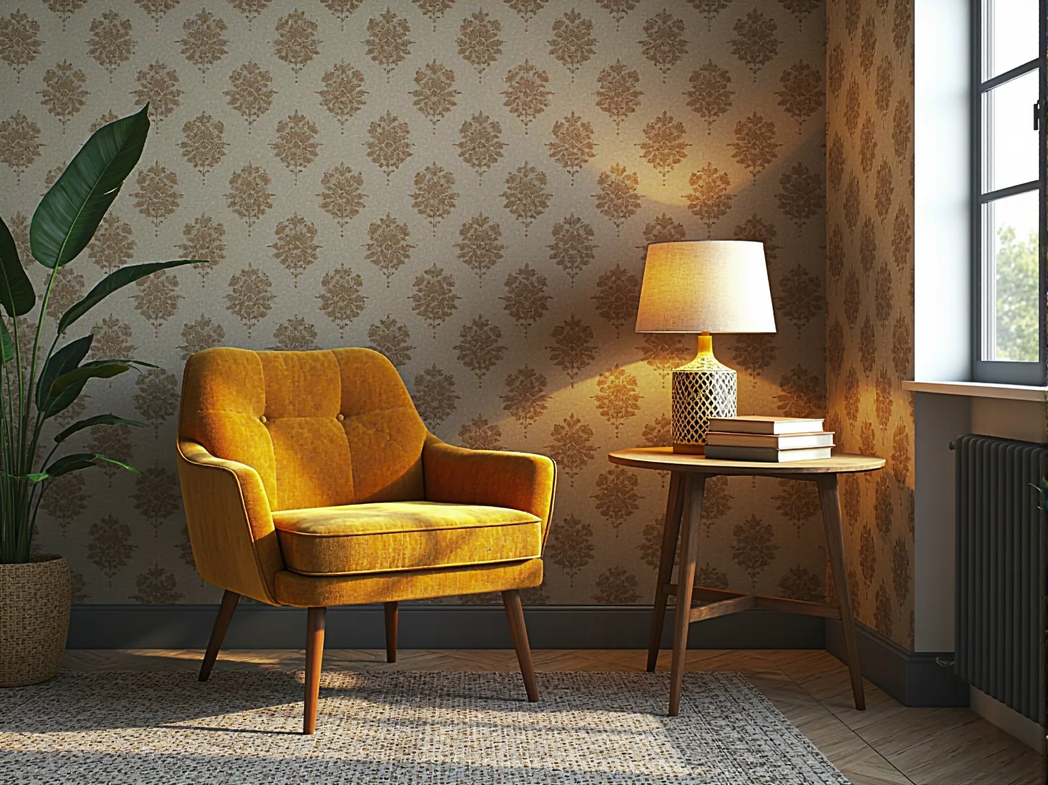 Kącik do czytania w sypialni retro – stylowy fotel uszak i lampa w klimacie lat 60. w kawalerce.