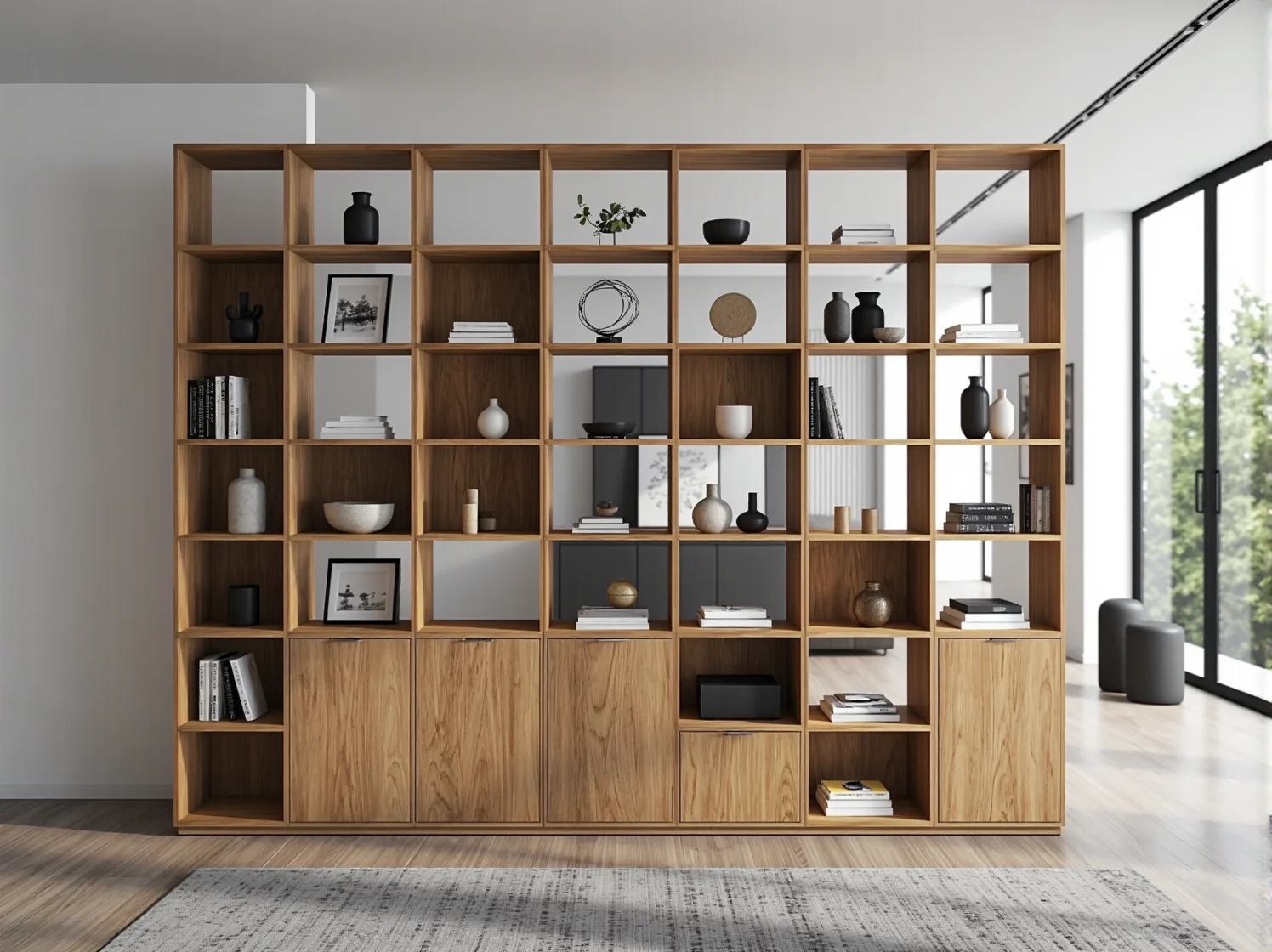 Detal komody modułowej bez uchwytów, minimalistyczne wykończenie i elegancki design.